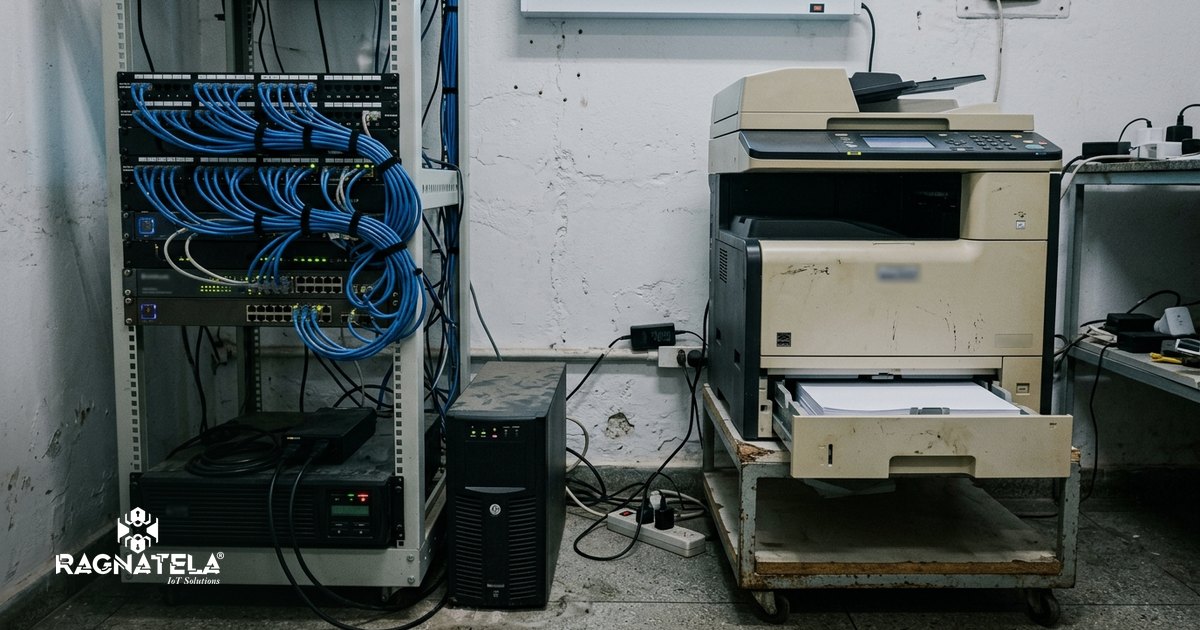 Rack de rede aberto com patch panel e cabos organizados ao lado de uma impressora multifuncional em uma sala técnica de clínica.