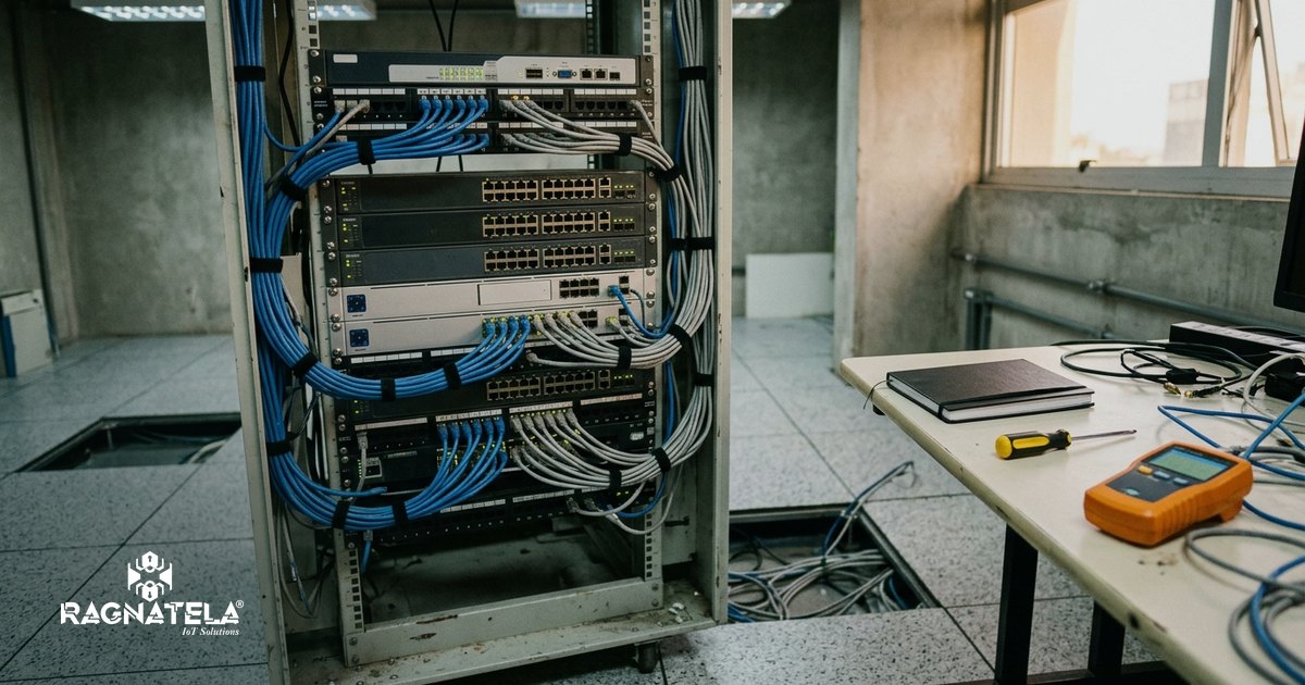 Rack aberto de rede e segurança em sala técnica de empresa, com cabos azuis organizados em calhas e luzes de status acesas nos equipamentos.