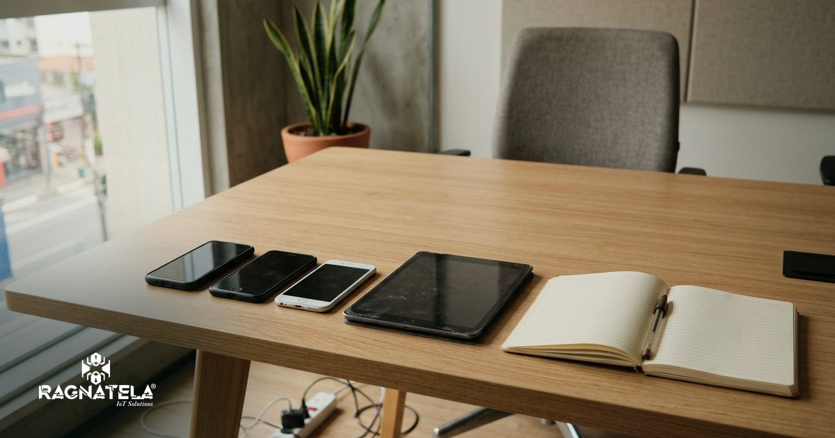 Mesa de reunião clara e organizada, com três celulares de tela apagada, um tablet fechado e um caderno aberto, iluminada pela luz da janela de um escritório.