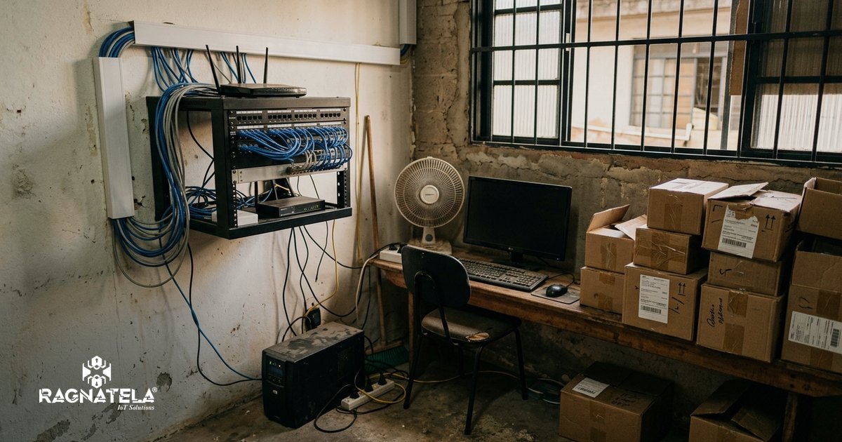 Rack de rede fixado na parede de uma sala técnica nos fundos de um comércio, com cabos organizados em canaletas, nobreak no chão e bancada de madeira com monitor apagado.